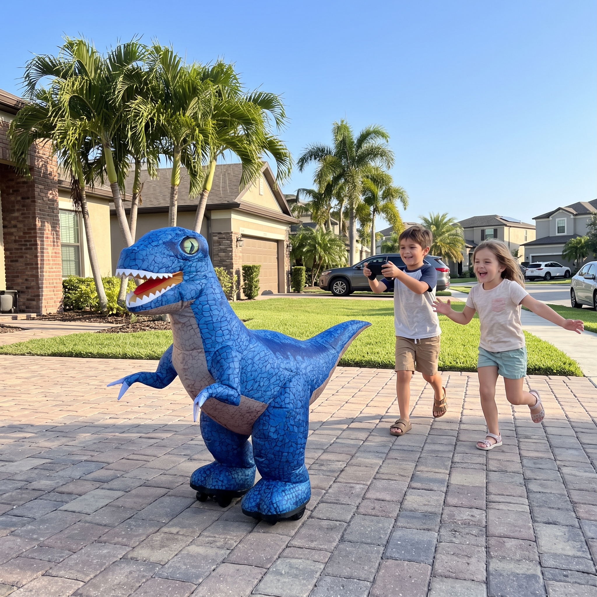Blue DinoRush dino driving on a driveway with kids chasing it