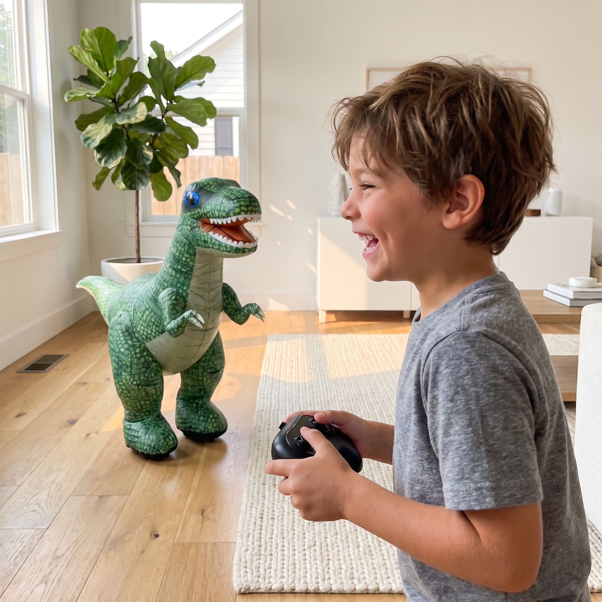 Green DinoRush dino driving in a living room while a boy holds the remote