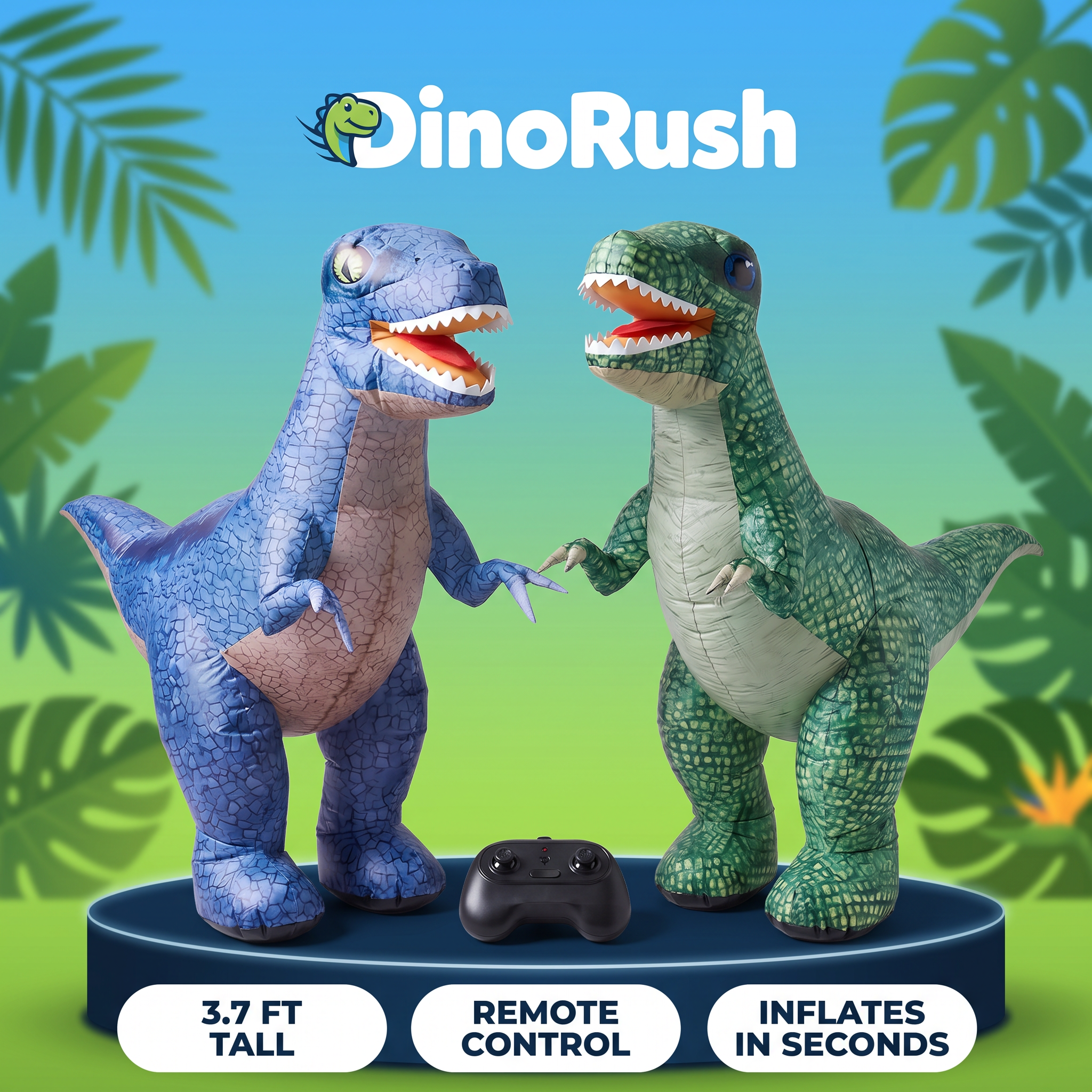 DinoRush inflatable RC dino in blue and green with remote