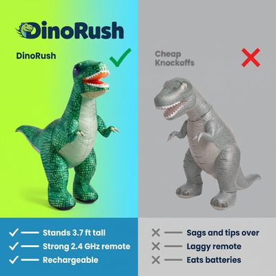 DinoRush compared with cheap knockoff inflatable dinos