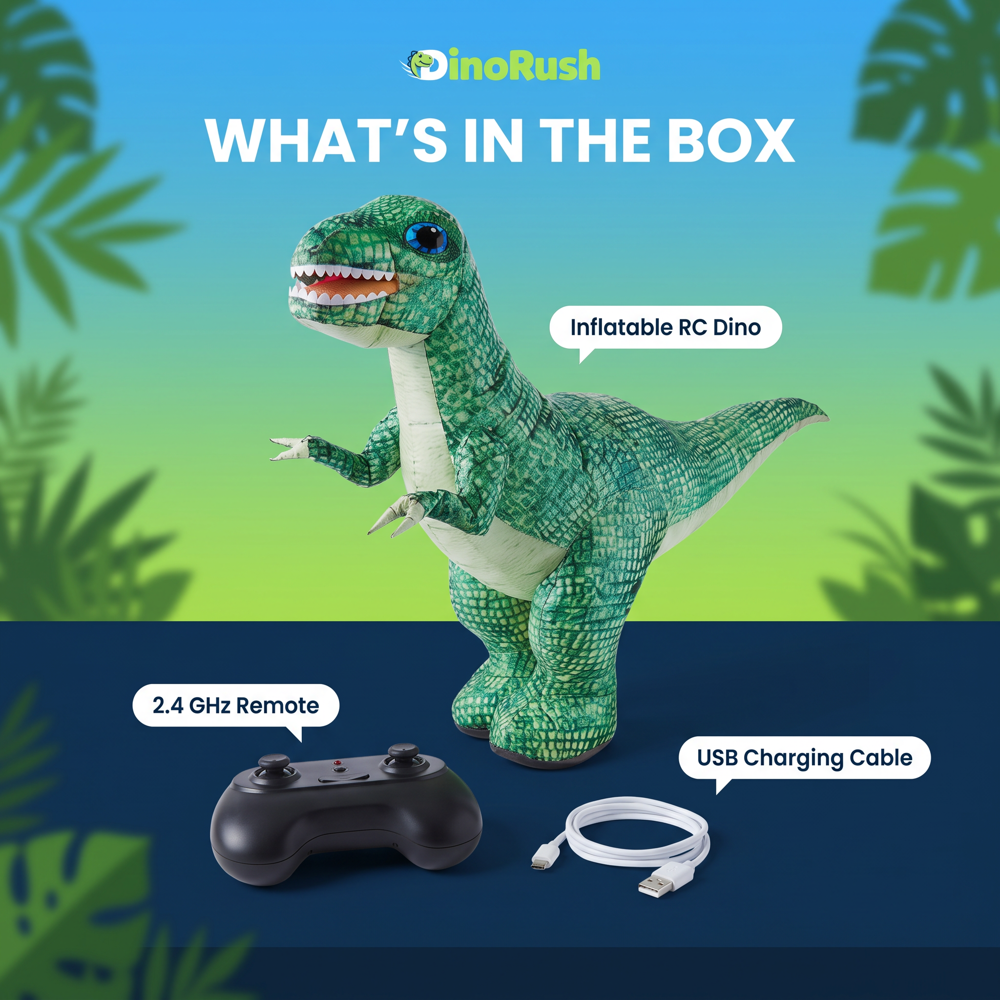 What's in the box: inflatable RC dino, 2.4 GHz remote, USB charging cable