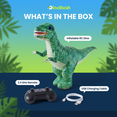 What's in the box: inflatable RC dino, 2.4 GHz remote, USB charging cable