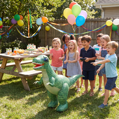 Green DinoRush dino at a kids birthday party