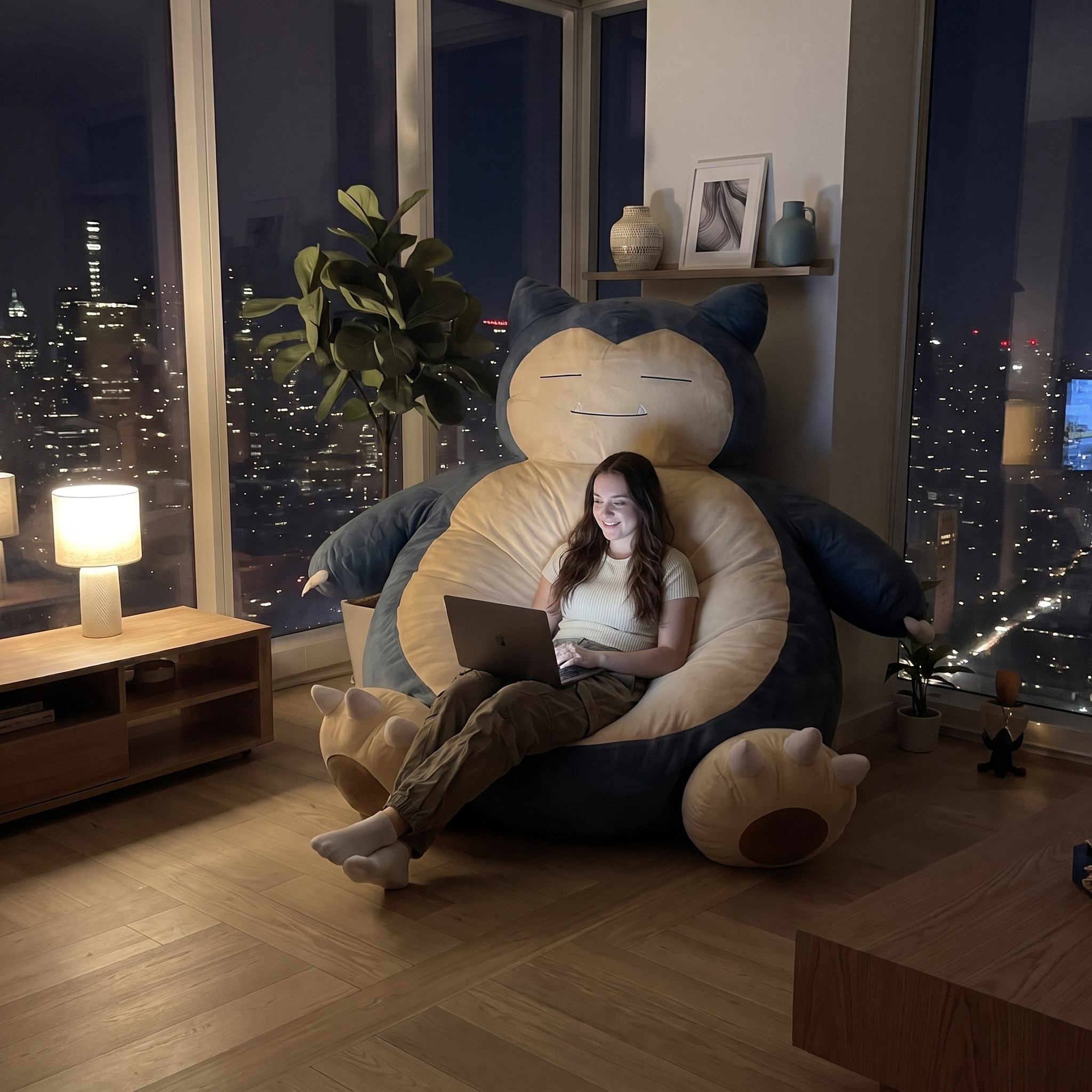 Woman relaxing with a laptop on the SnorCozy bean bag at night