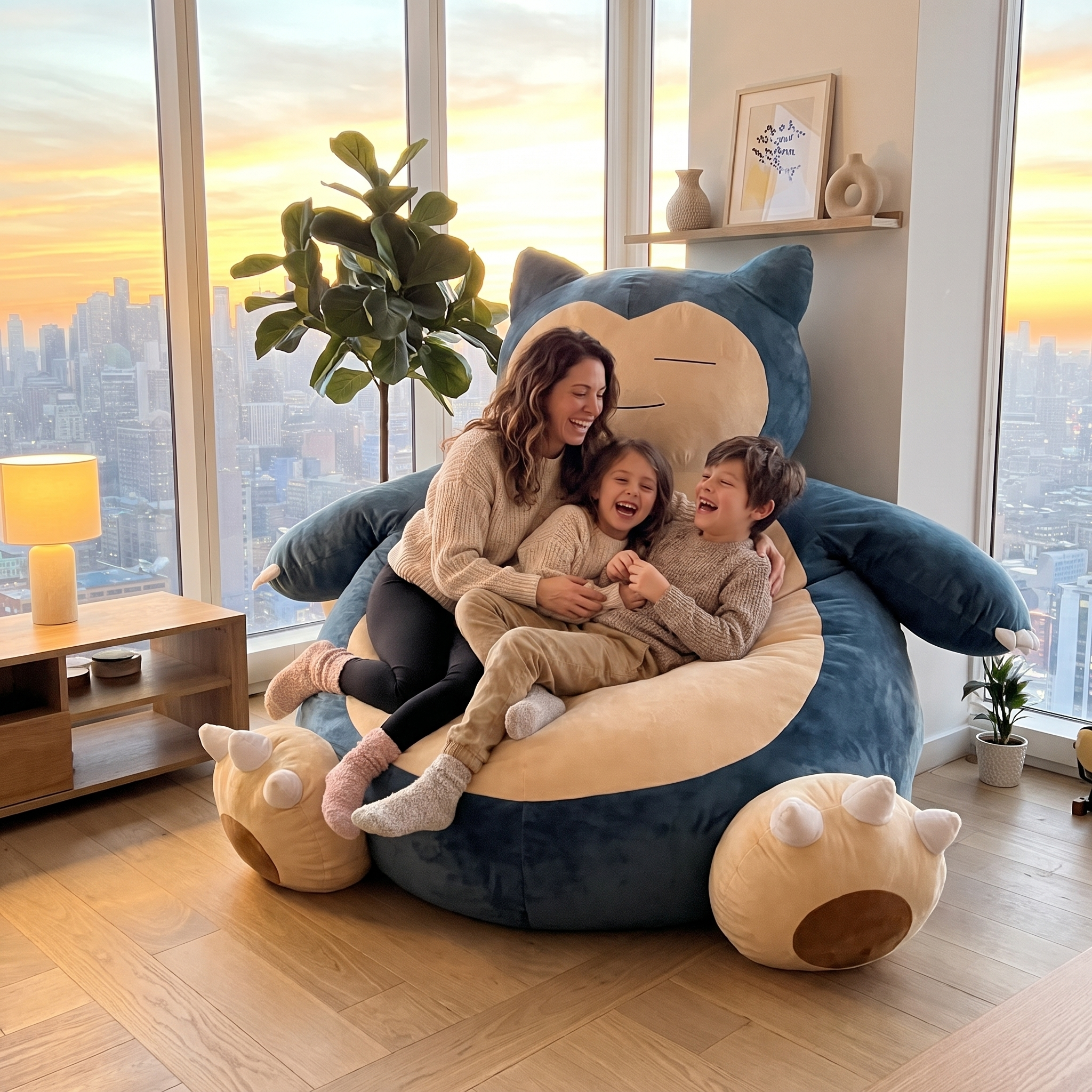 Family relaxing on a giant SnorCozy bean bag